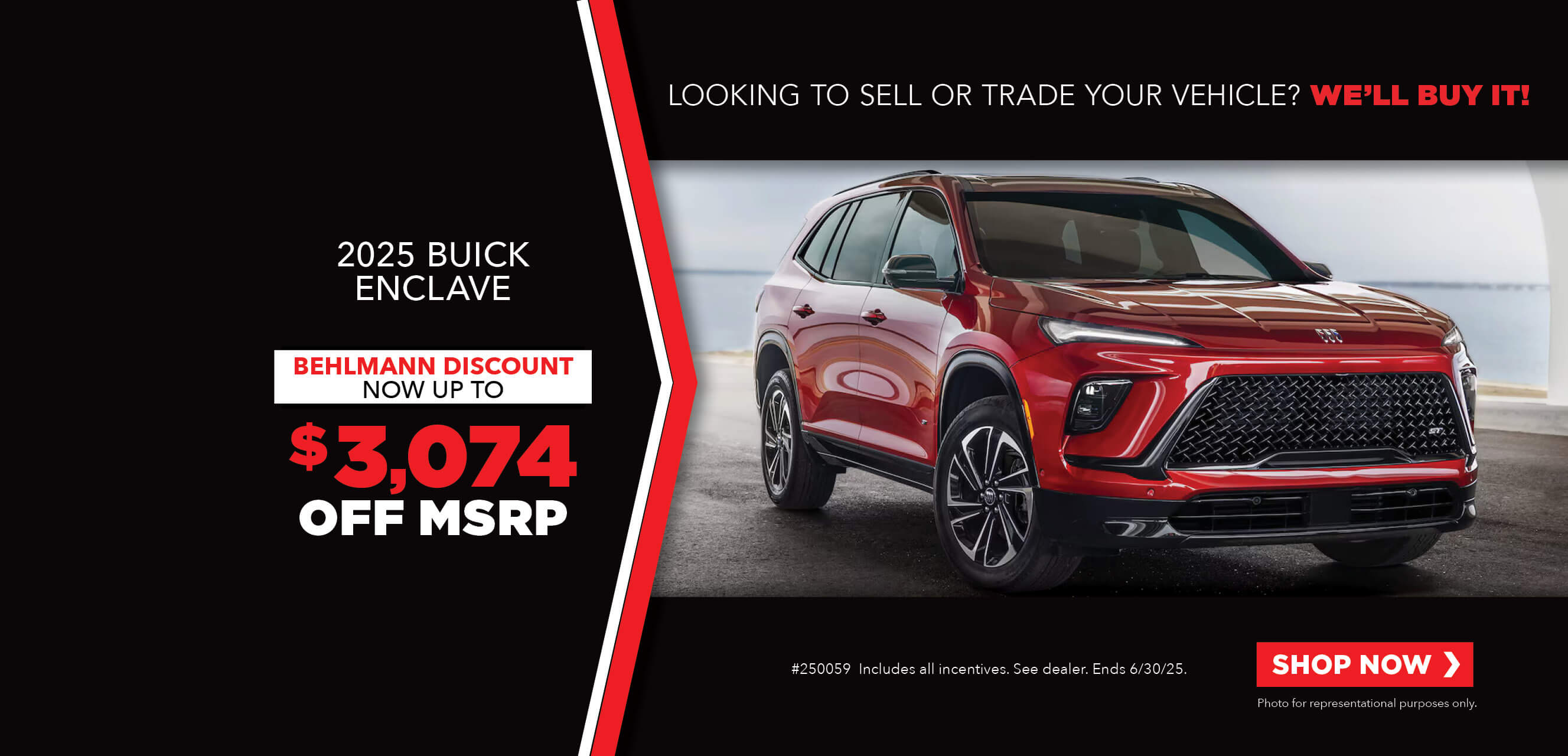 Gray SUV with advertising slogans: Now up to $3,074 off MSRP on 2025 Buick Enclave.